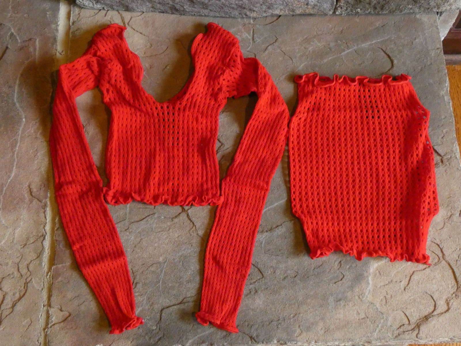 Rene Rofe 2 Piece Fishnet Long Sleeve & Mini Skirt Set Red One Size