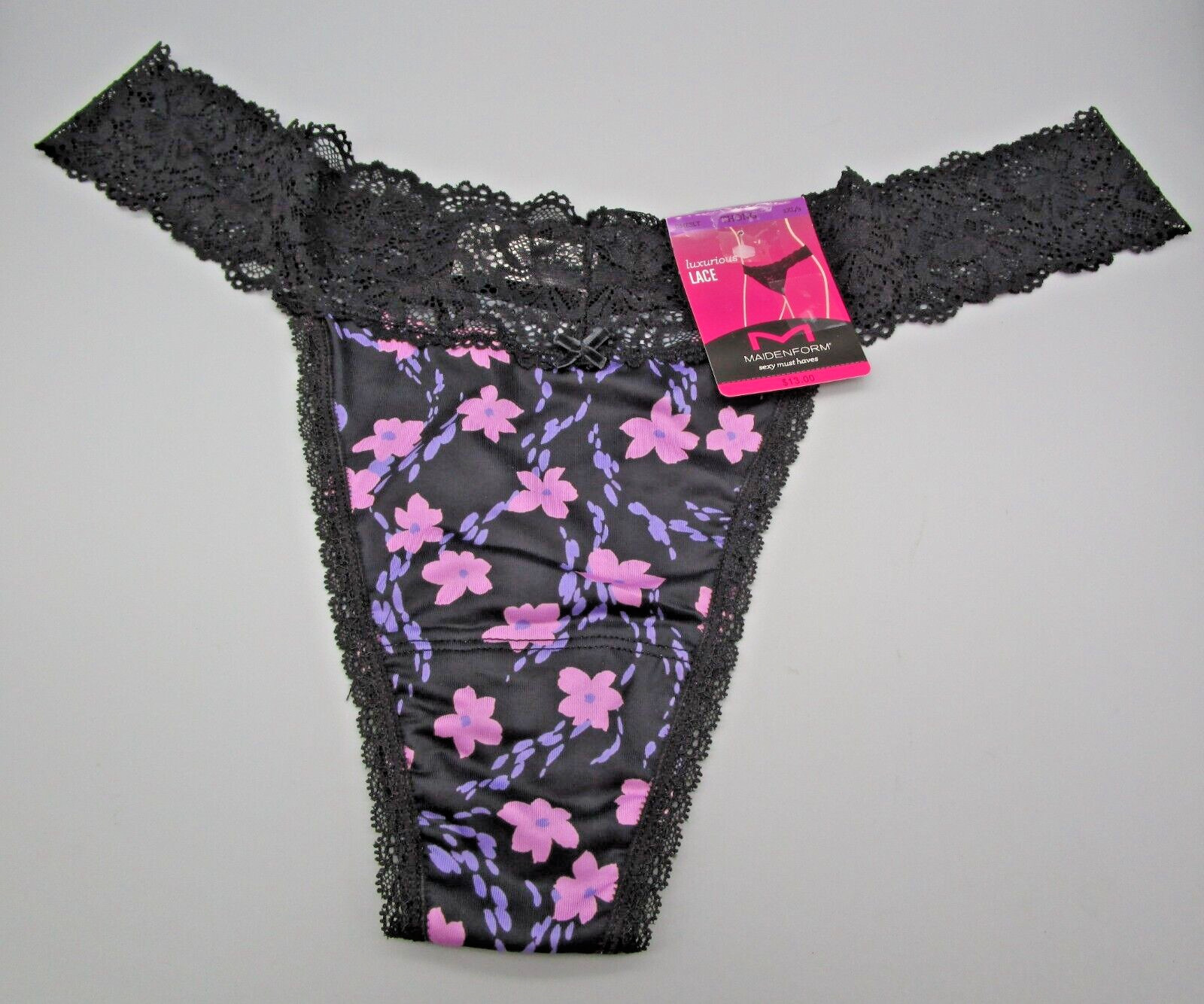 MAIDENFORM~2XL 9~DMESLT~Black Daisy Print Sexy Must Haves Floral Lace Thong