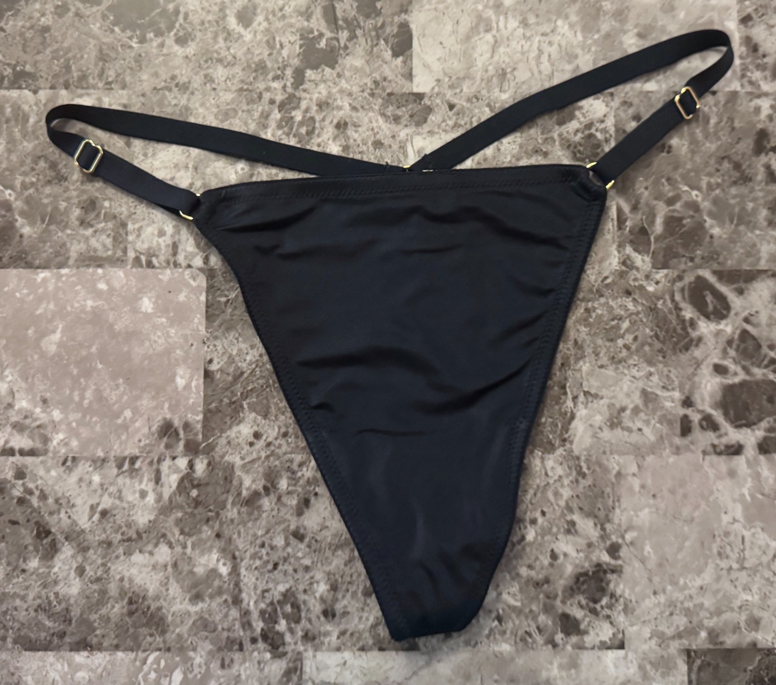 VICTORIA’S SECRET DARK BLUE SATIN SMOOTH GOLD ADJUSTABLE STRAP V STRING PANTIES