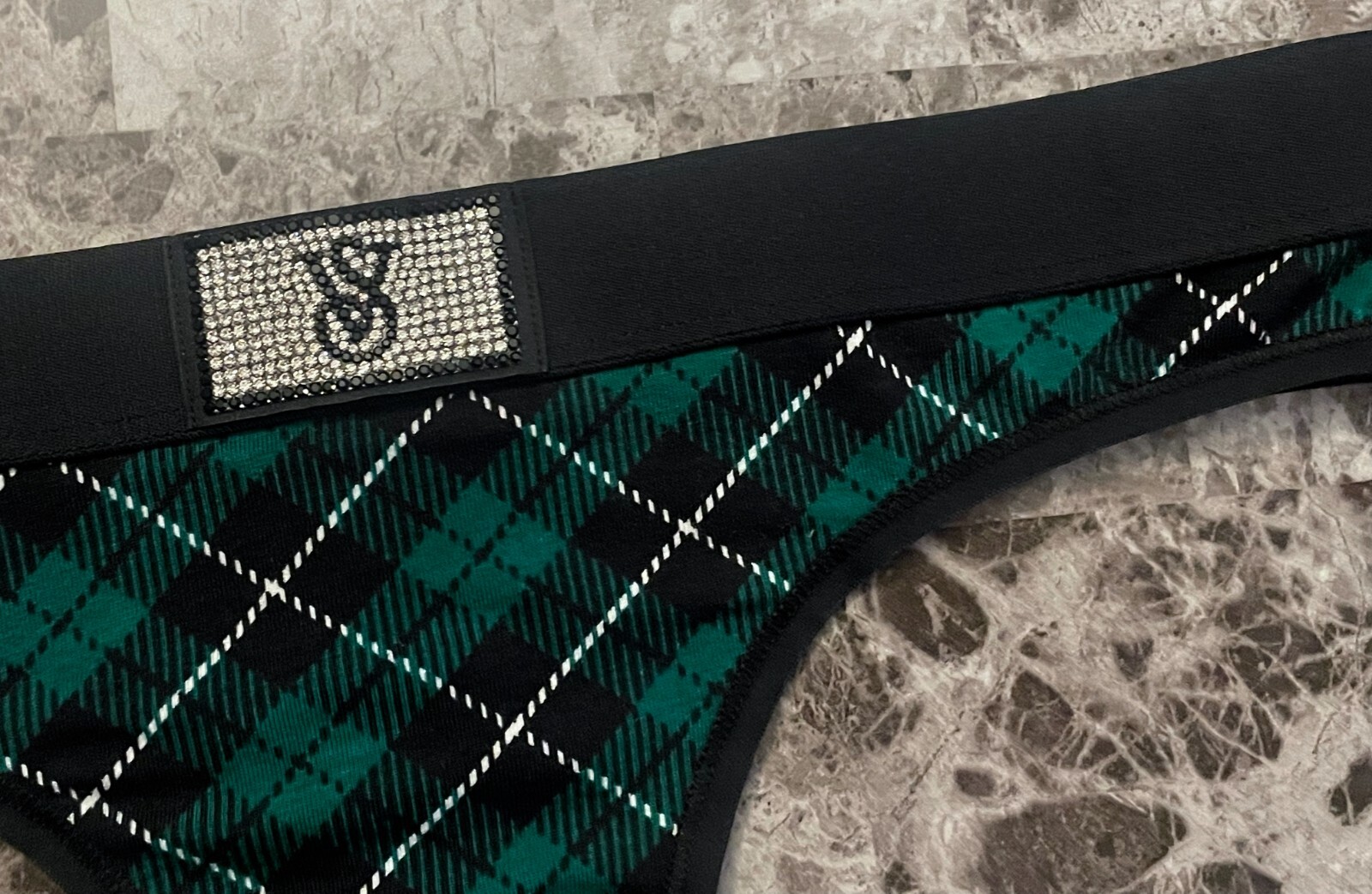 NWT VICTORIA’S SECRET XS GREEN PLAID RHINESTONE SHINE THICK BAND THONG PANTIES