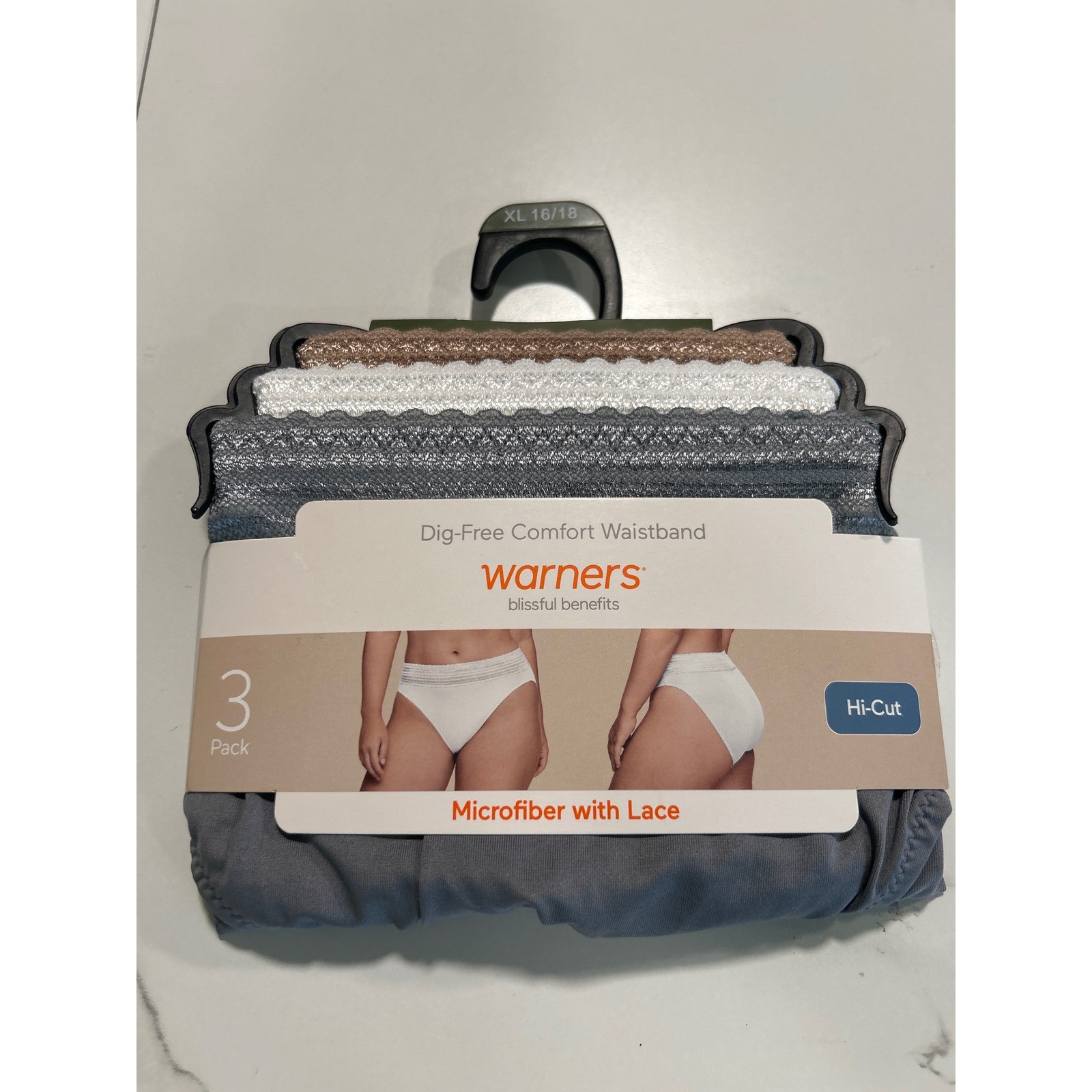 Warners Blissful Benefits 3 Pack Hi-Cut Panties XL 16/18 Microfiber Lace Grey