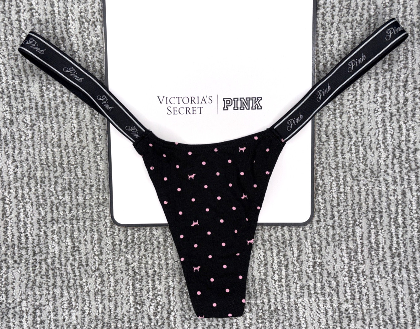 Victorias Secret PINK NWT Medium Black Polka Dot Micro Thong Panty Spellout Sexy