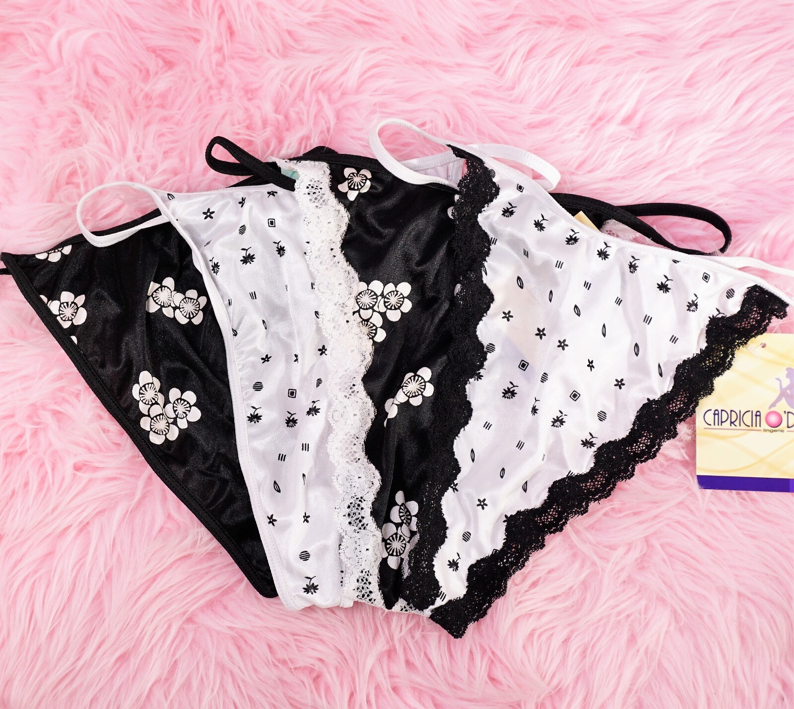 silky satin stretch Thong sissy ladies panties Floral White Black Lacy T-back