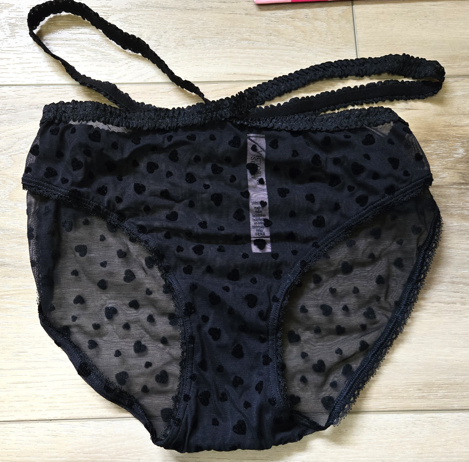 Victoria’s Secret Black Sheer Mesh Flocked Hearts Strappy Hip Bikini Panties M