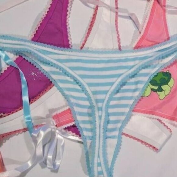 3 PC Panties XS SM Penguin Turtle Snowflake Thong Side Tie Vintage Aeropostale