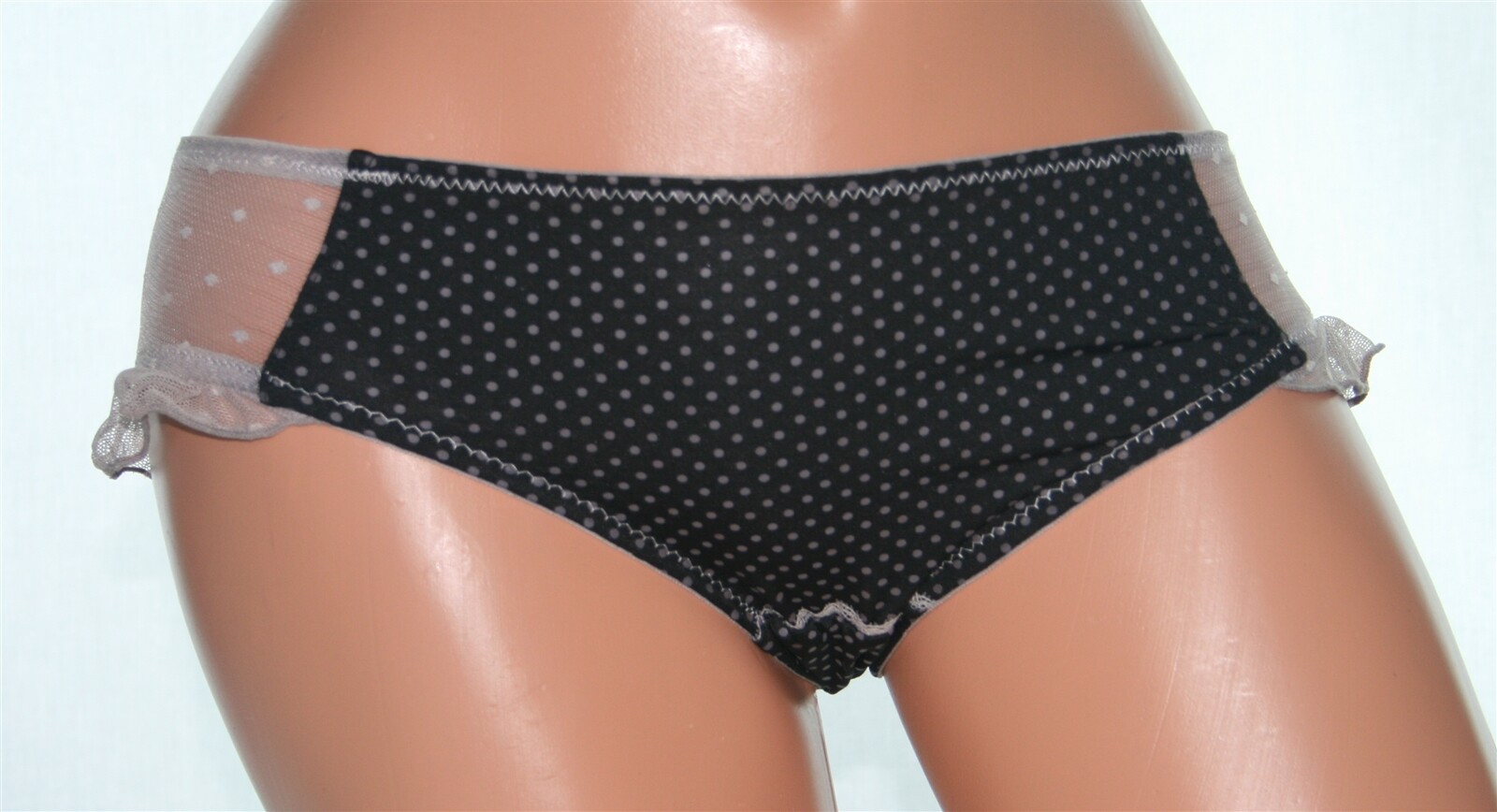 Black Bikini Panty with Polka Dots, Sheer Beige Panels and Back Size M