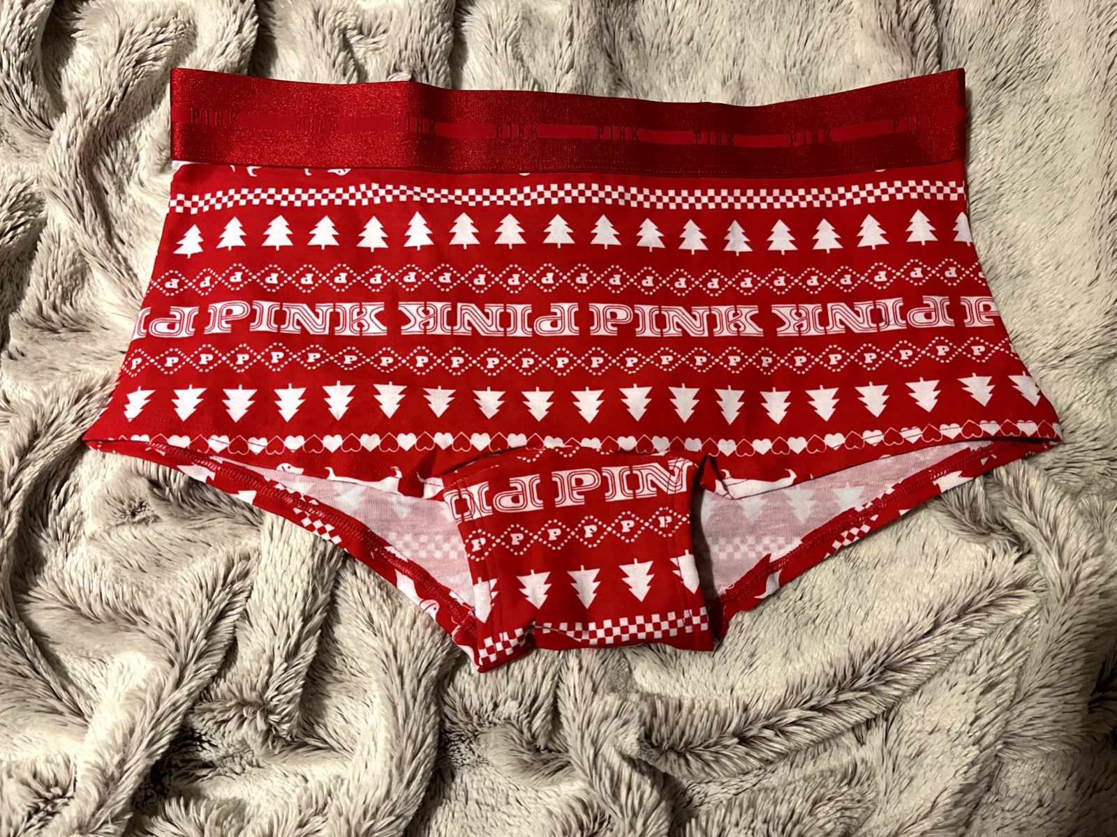 Victoria’s Secret PINK Red Holiday Fair Isle Logo Cotton Boyshort Panty ~M~ NWT!