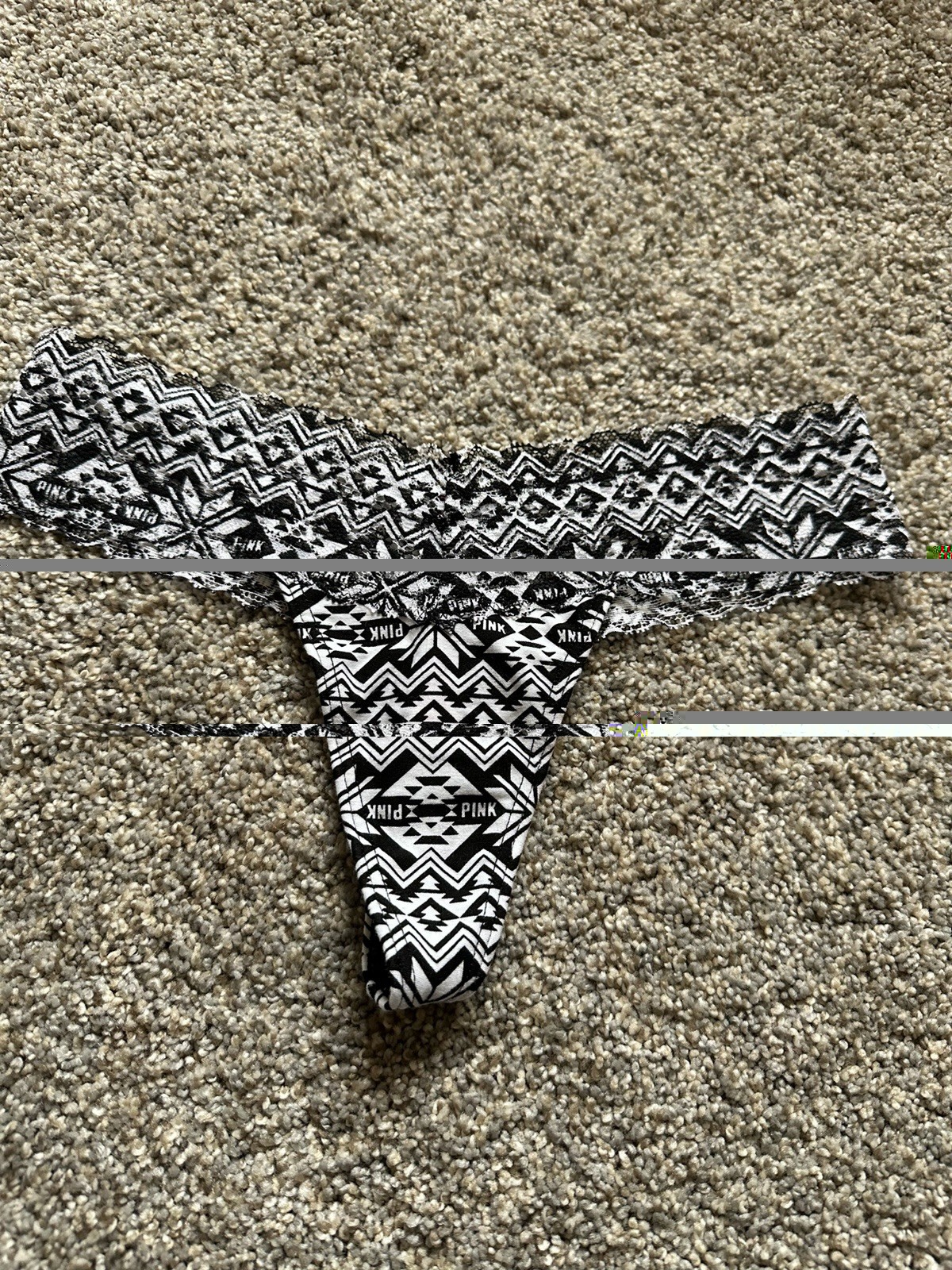 Victoria Secret Pink Lace Thong Size Small Black And White Aztec Print