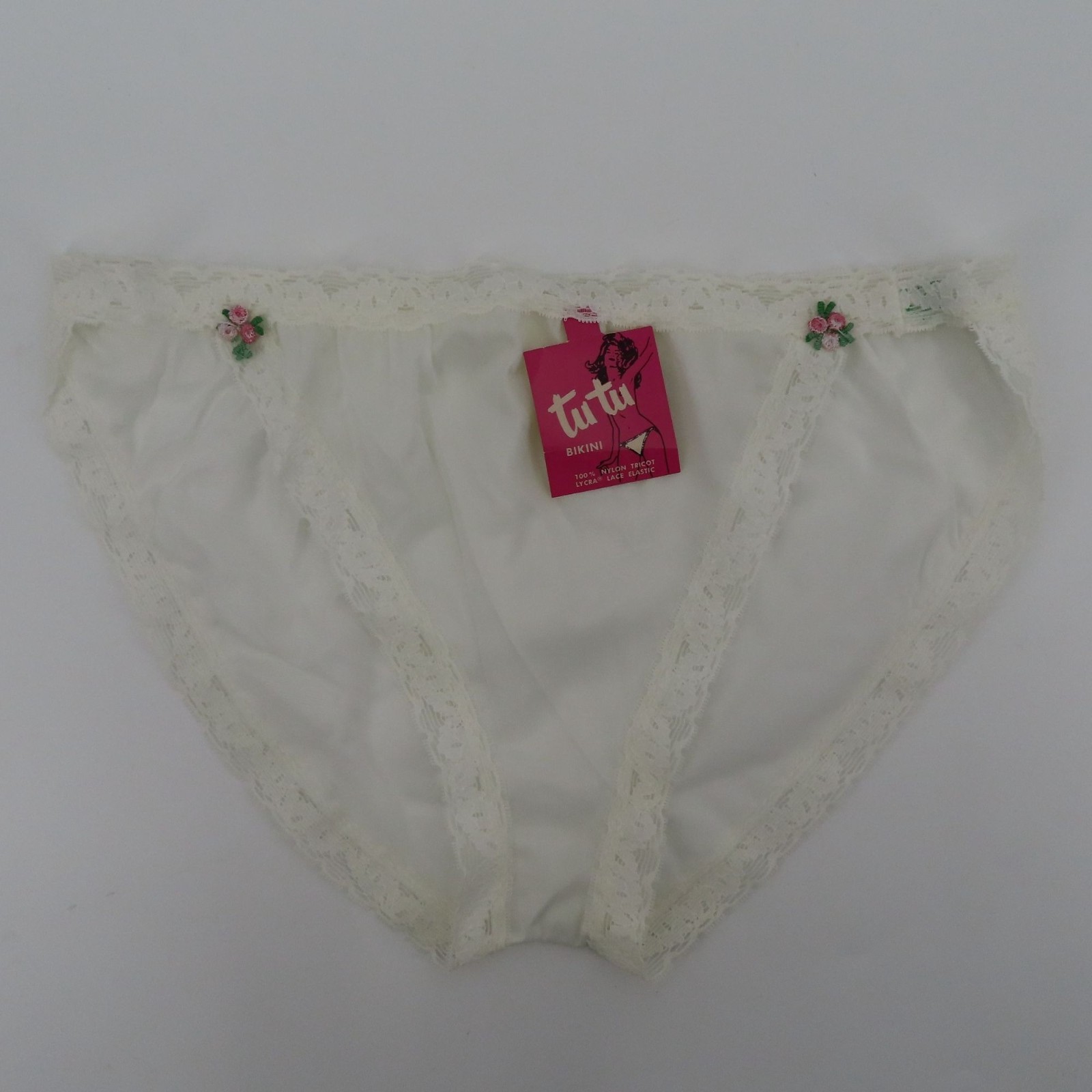 VTG Tutu Bikini Women 7 Panty Solid White Pink Rosette Rose Lace Trim 1950s NEW
