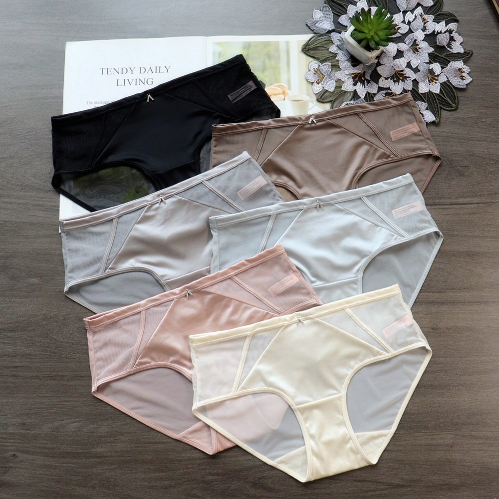 6 Pack Lot Satin sexy mesh panties breathable and comfortable womens briefs