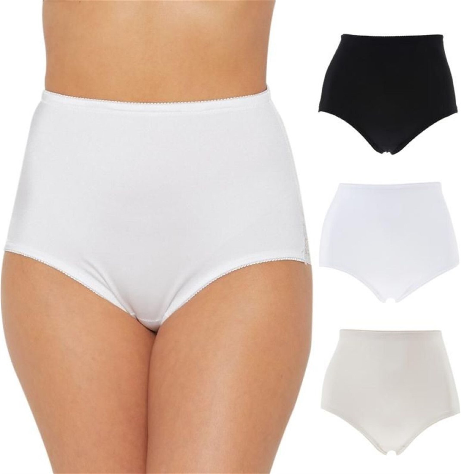 Rhonda Shear 3Pc Smooth Pinup Brief Lace Trim Black White Nude L NWOT (341)