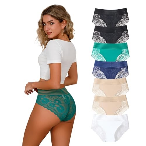 Lace Underwear for Women High Waisted 4X 7pcs-black/Nude/White/Blue/Green
