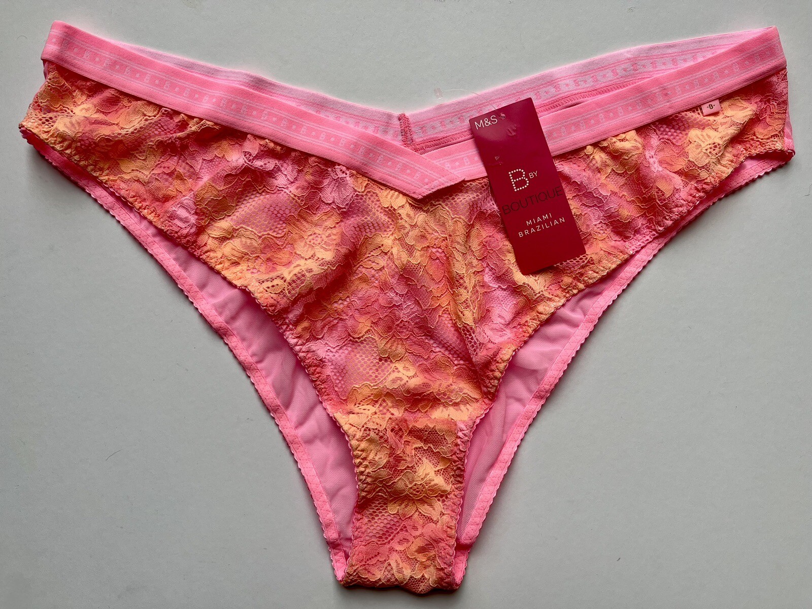 M&S Boutique Pink & Orange Floral Lace Miami Brazilian Knickers Size XL 20-22