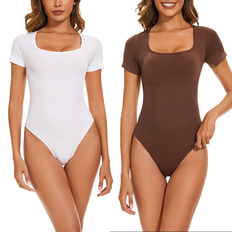 Women’s Square Neck Bodysuits – 2 Pack Short Sleeve Stretchy One-Piece