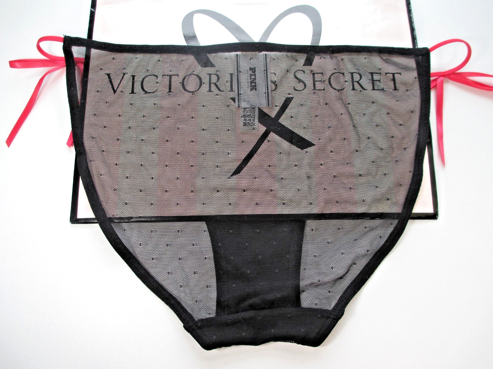 VICTORIA’S SECRET PINK String Bikini Panty S M L XL Black Mesh NWT Orange Tie VS