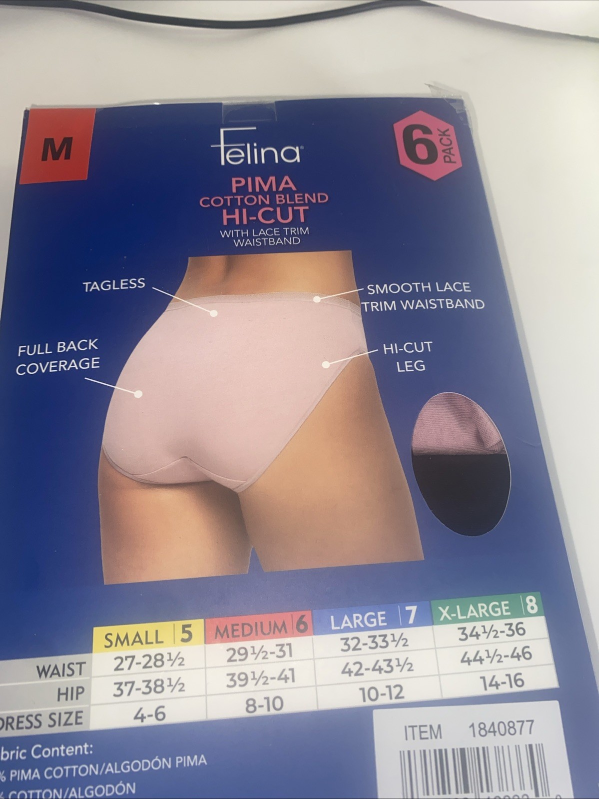 Felina Women’s 6-Pack Pima Cotton Hi-Cut with Lace Trim Panties, Multicolor, M