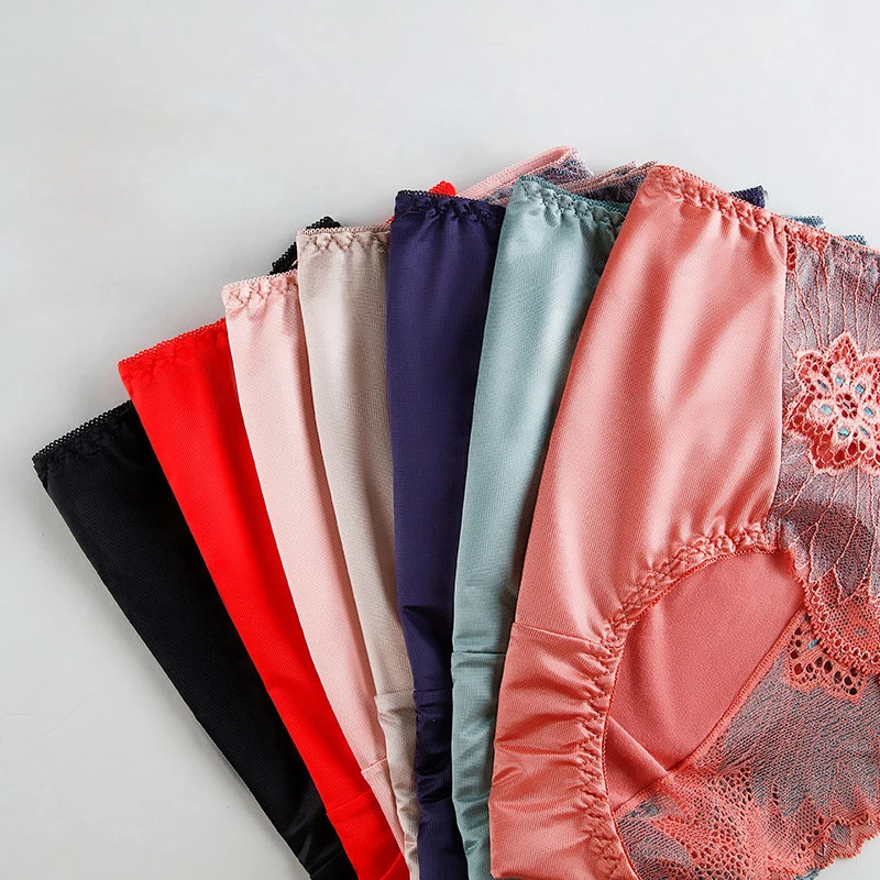 Floral Embroidery Briefs Mid Rise Satin Feel Breathable Panties Women Soft