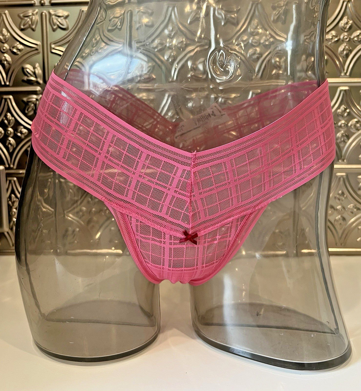 Victoria’s Secret Plaid Lace THONG Panty Sz L ROSE GARDEN PINK 91S3 NWT$14.50