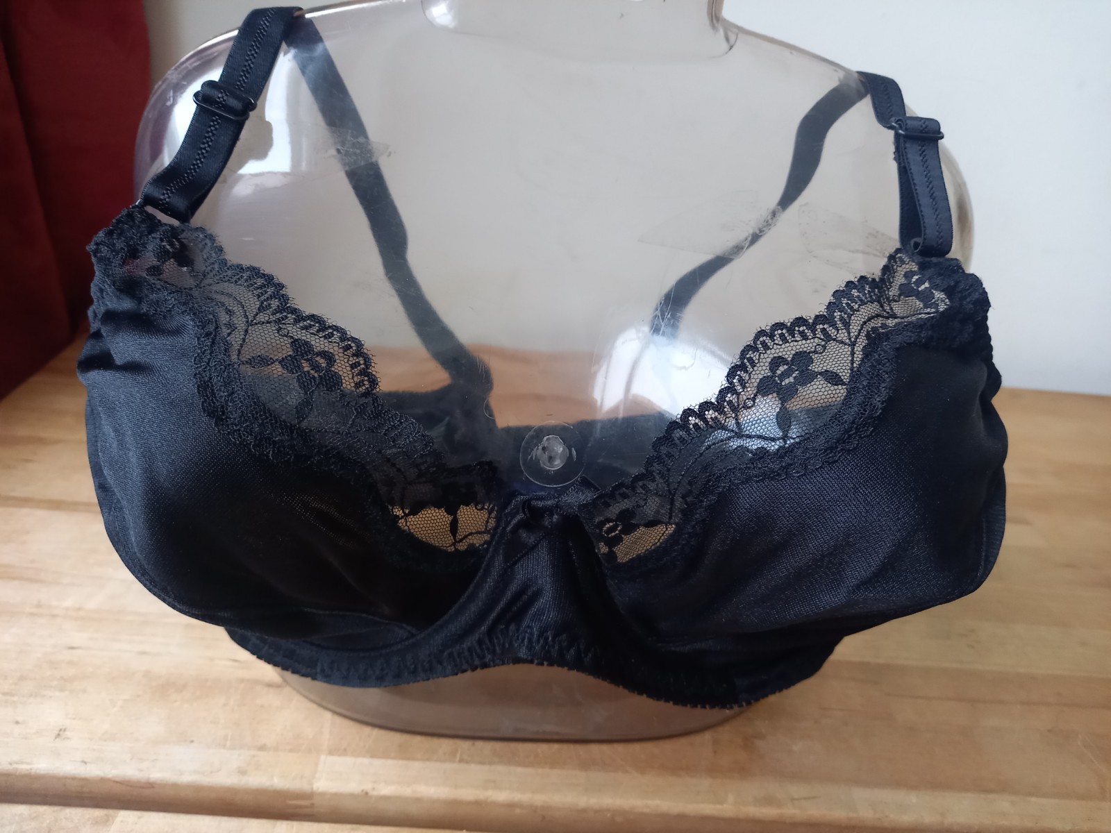 PANACHE Frillys 36B Black Satin Look with Lace Trim Medium Control Underwire NEW
