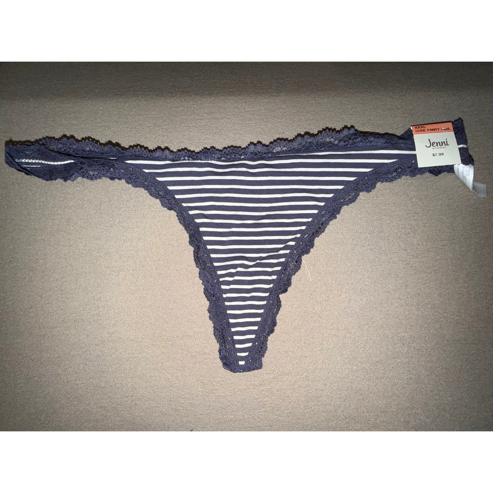 Jenni Intimate Womens Thong Panty 2 Pack Stripe Cloud Print Lace Trim, Size XXXL