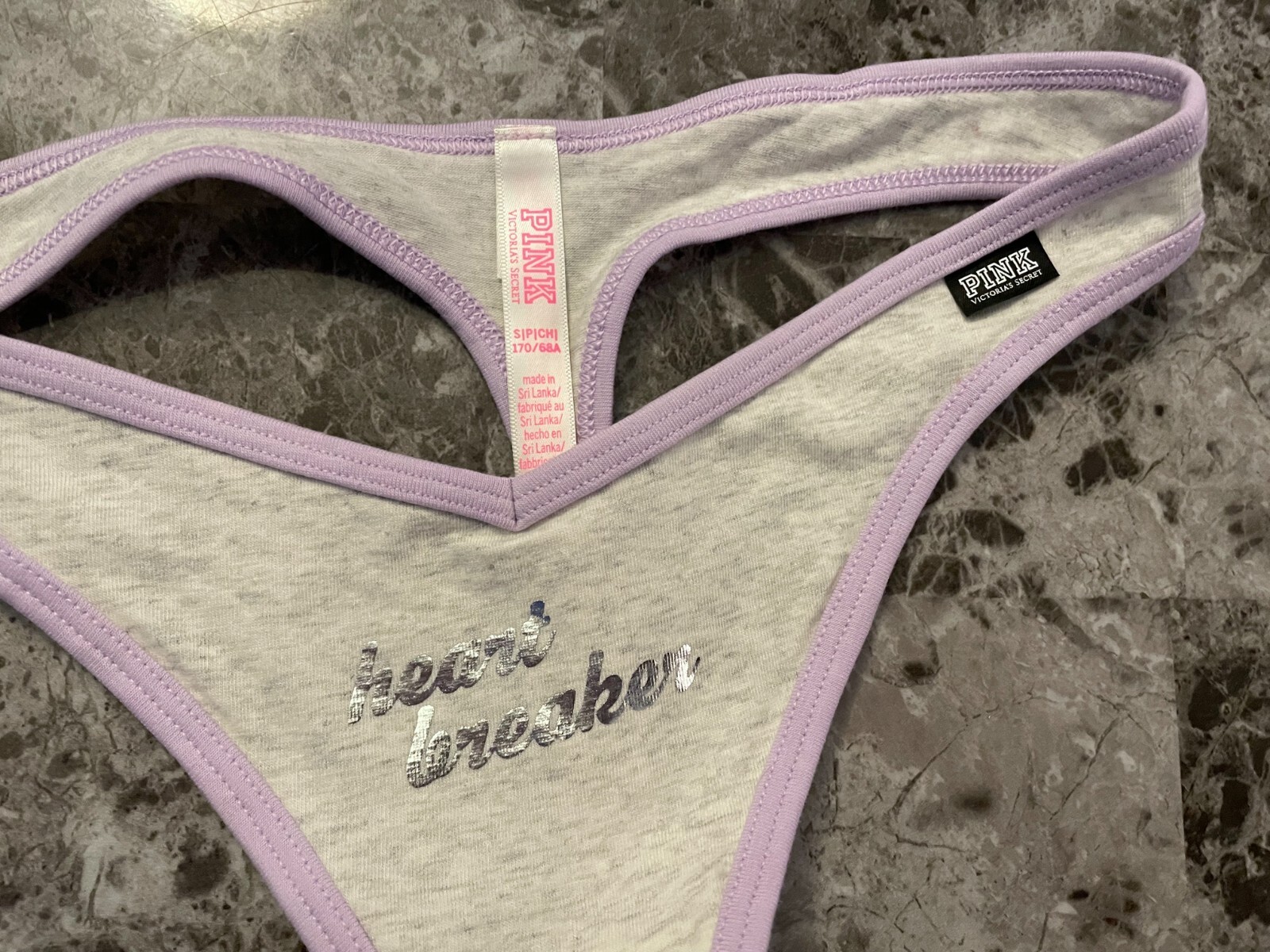 VICTORIA’S SECRET PINK SMALL LAVENDER GRAY SILVER HEART BREAKER THONG PANTIES