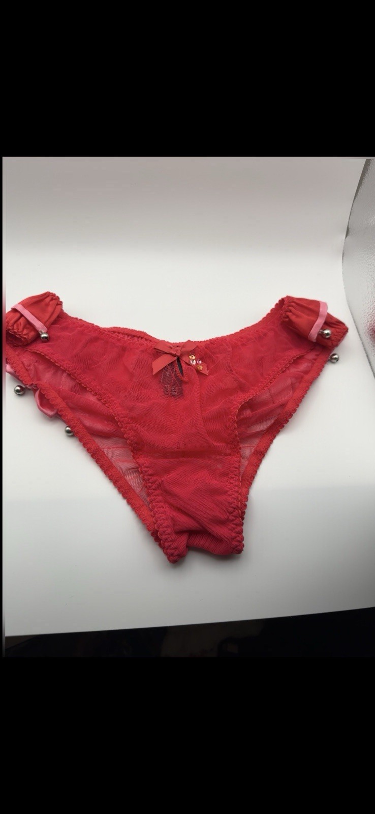 Sexy Little Things Red Sheer Mesh Ruffle Bow Bikini Panties Size M