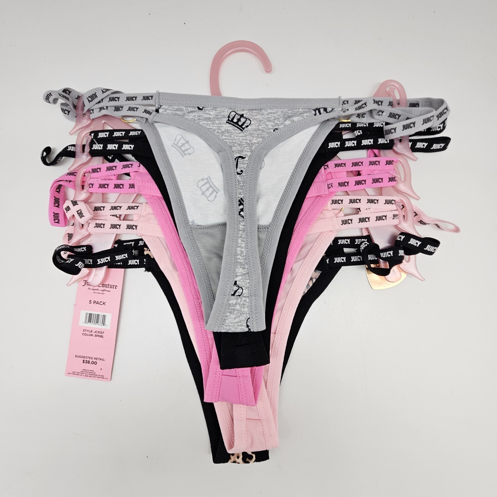 JUICY COUTURE 5 Pack Women S M L XL Logo Thong Panties Gray Black Pink Beige