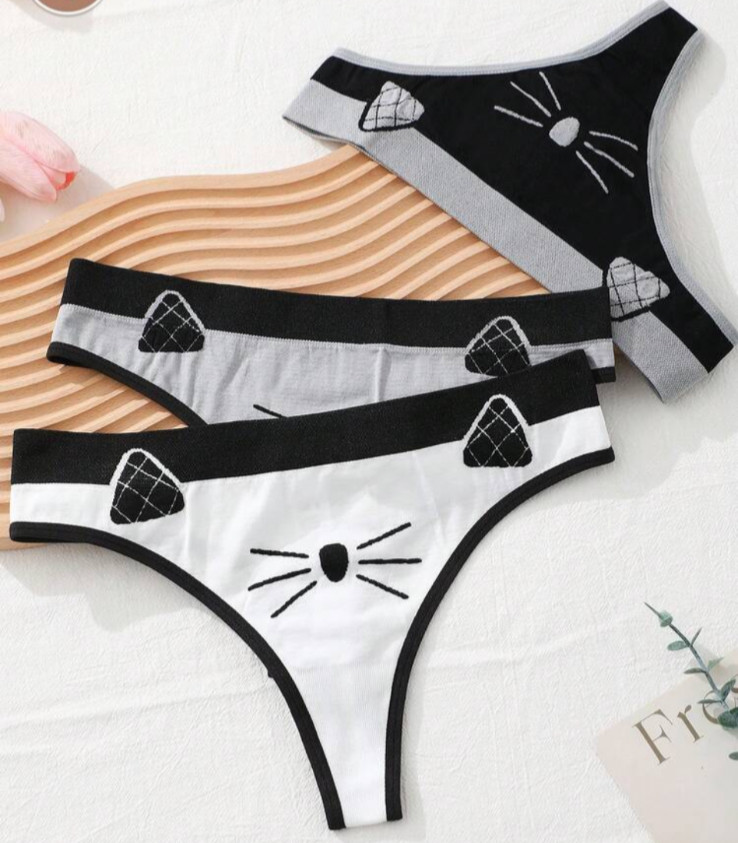 Women’s Kawaii Cartoon Cat Print Seamless Mid-Rise Thong Panty 3 Pack XL X-Large
