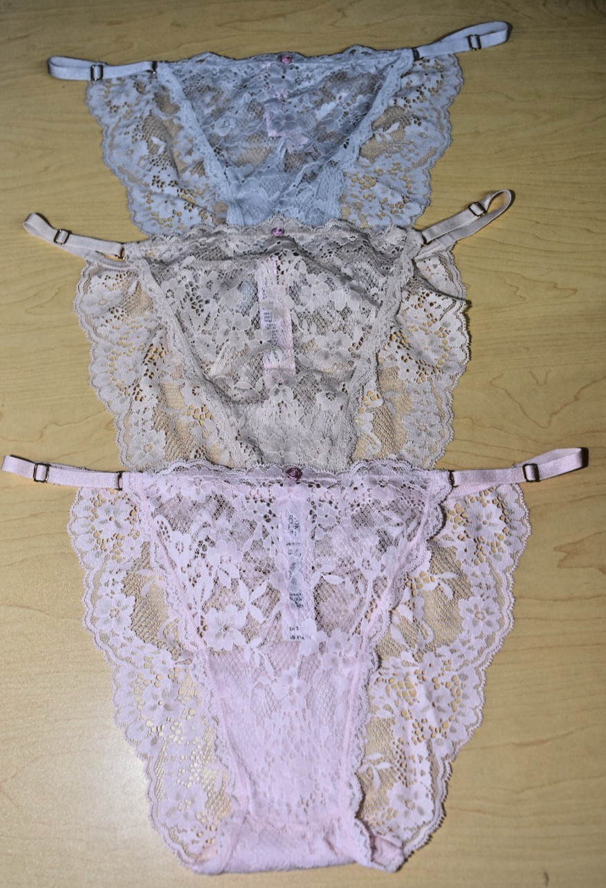 3 Victoria’s Secret Pink Gray Cream Dream Angels Mini String Bikini Panty XL Lot