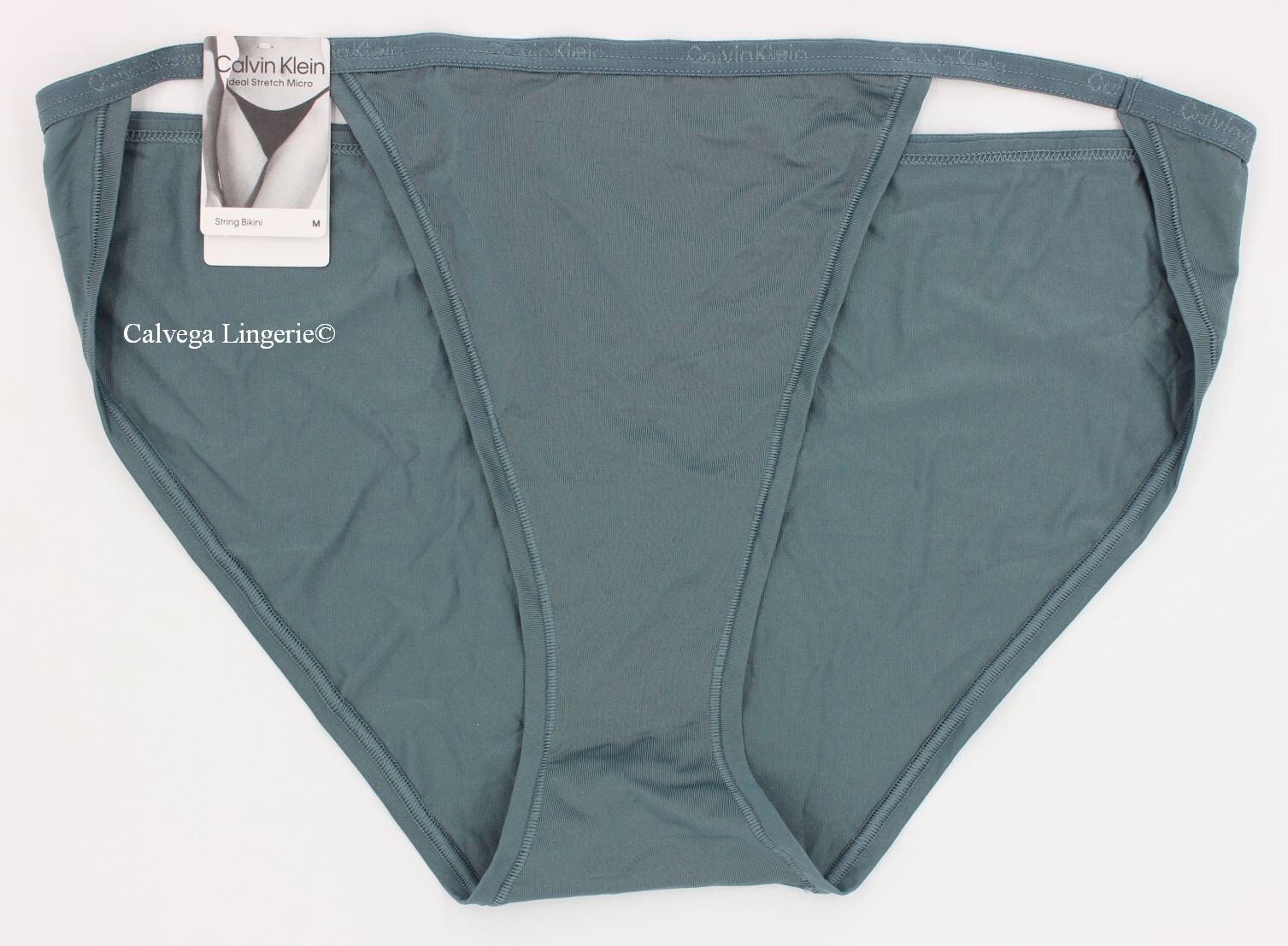 NWT Calvin Klein QD5176 “Ideal Micro” Mid-Rise Nylon Logo String Bikini, Teal