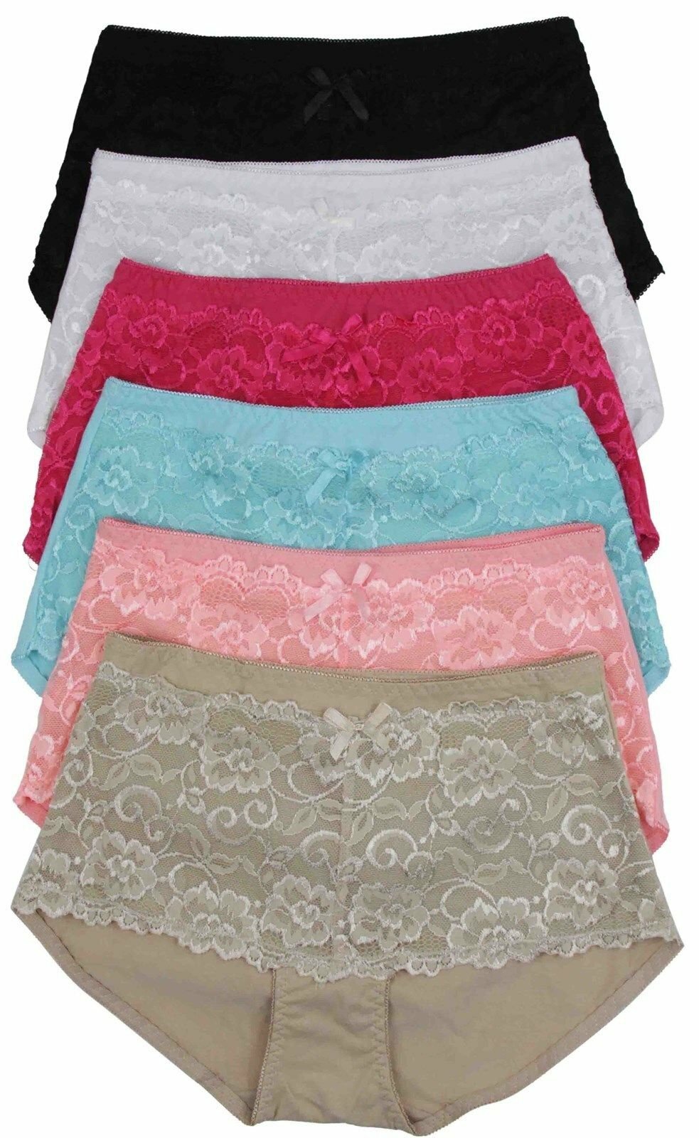 FashionCatch Women’s Lace Boy Shorts with Cotton Lining 6-Pack