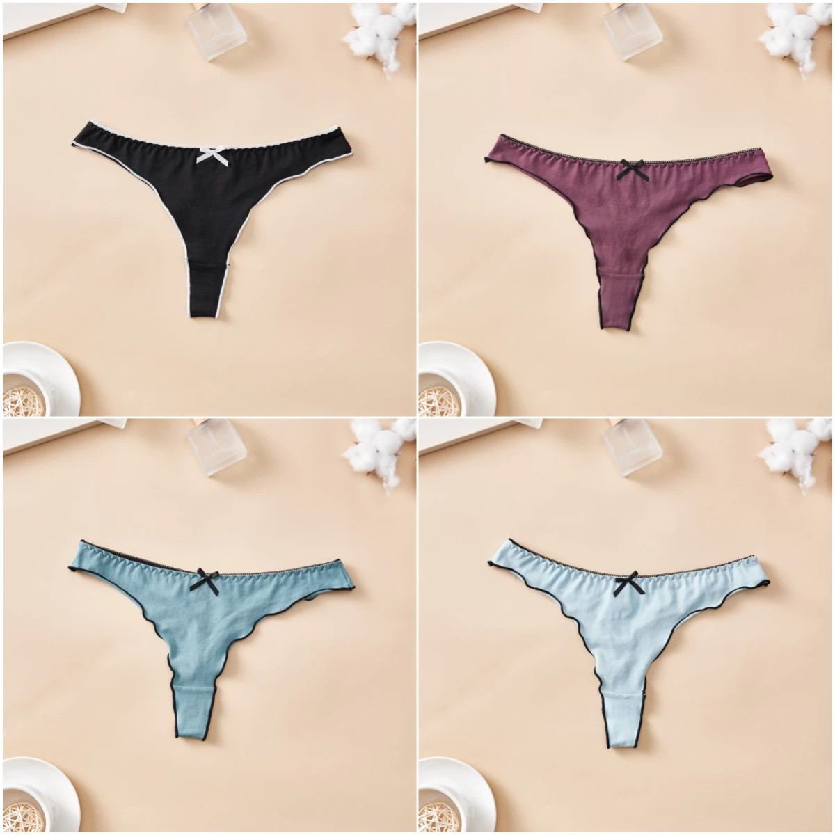 4pc Women Cotton Thongs Low Waist Breathable T-Back Knitted Bow Underwear