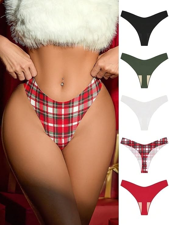5 Pack – Women’s Christmas Thong Panties Plaid Print G String Multiple Colors