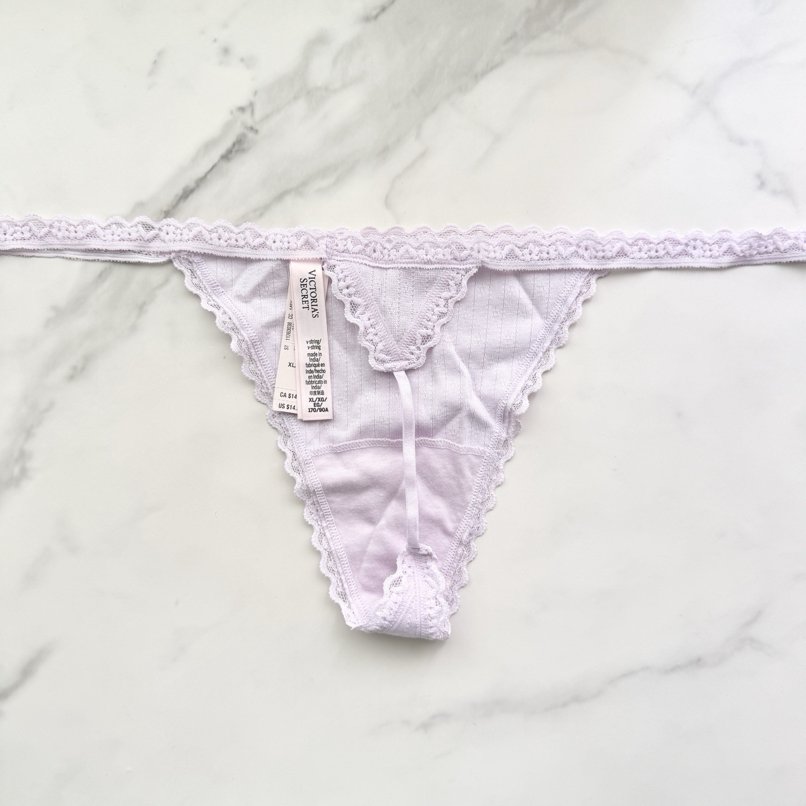 Victoria’s Secret Lace-Trim Cotton Pointelle V-String Panty Delicate Violet XL
