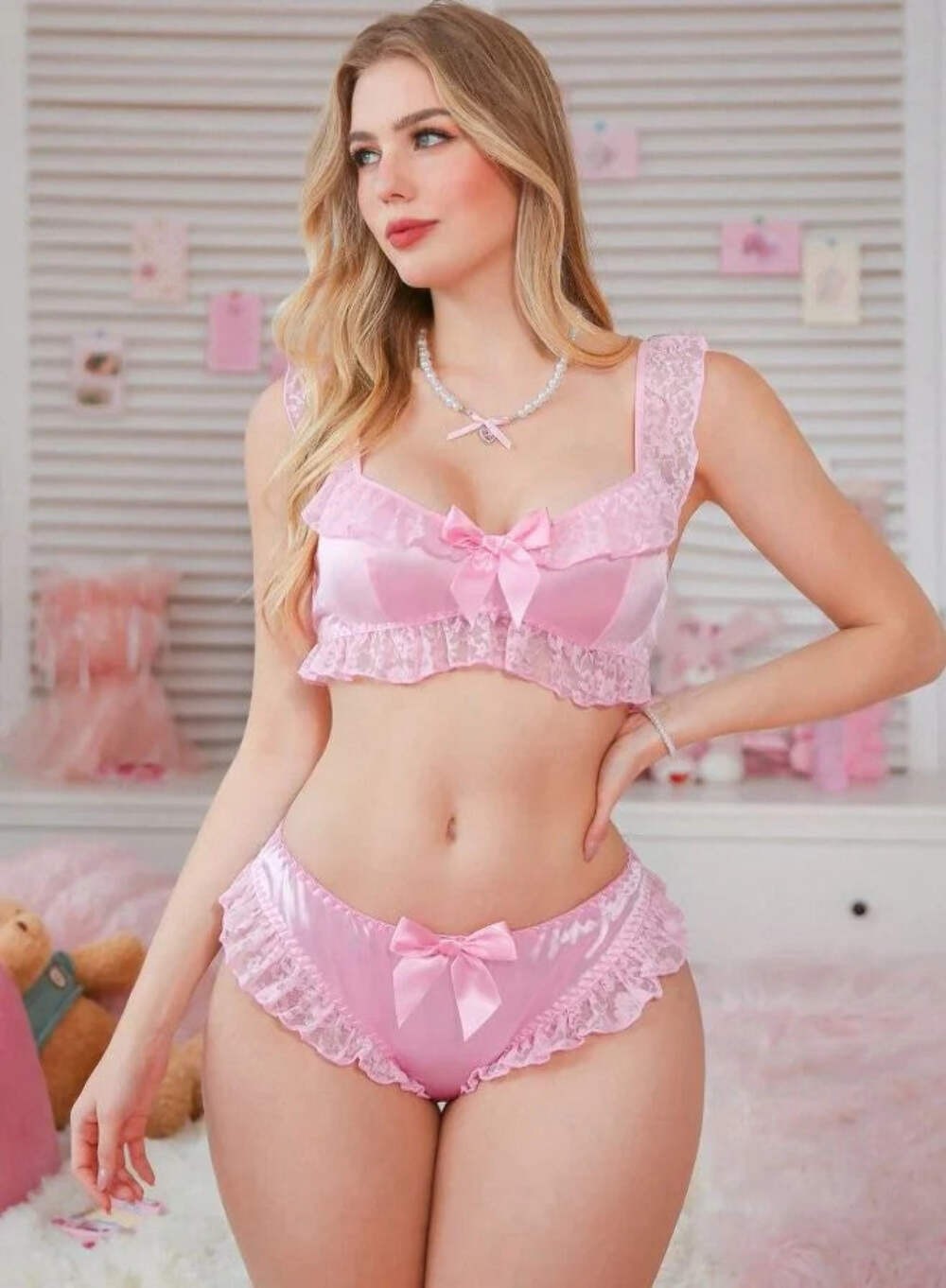Pink lingerie 2 piece set silky feel glossy satin romantic knickers XL / 16-18