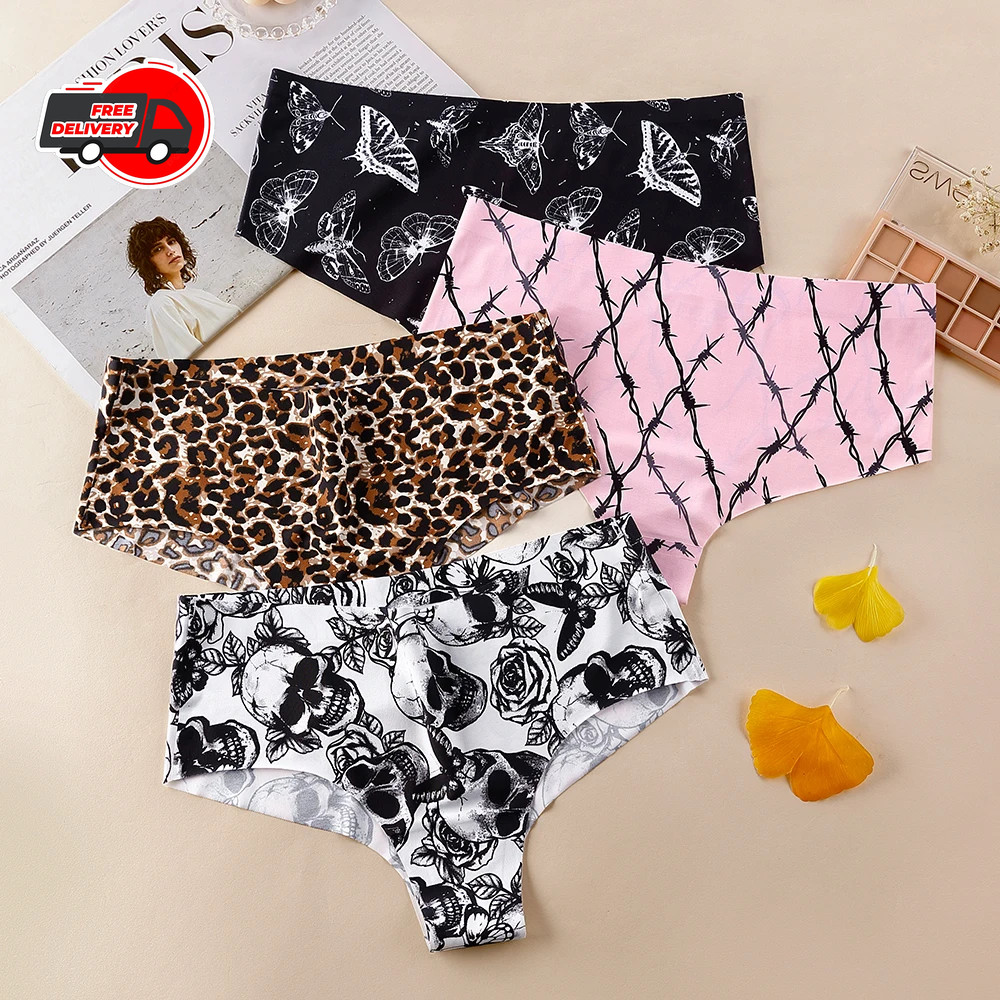 1pc Women Seamless Print Briefs Ice Silk Mid Waist Panties Soft Underwear