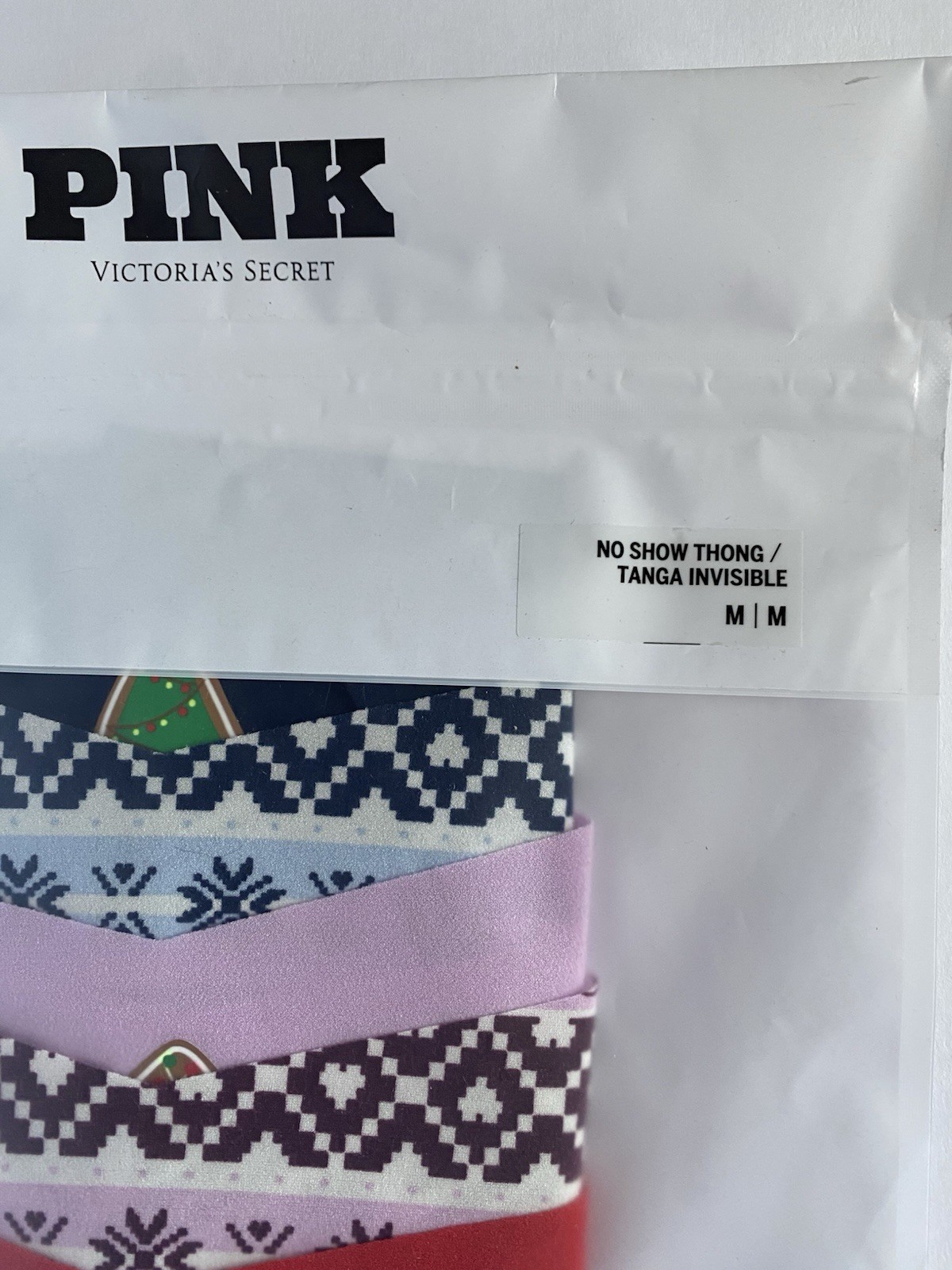 PINK No Show Thong Panties 7 Pack M Multicolor Christmas Fair Isle