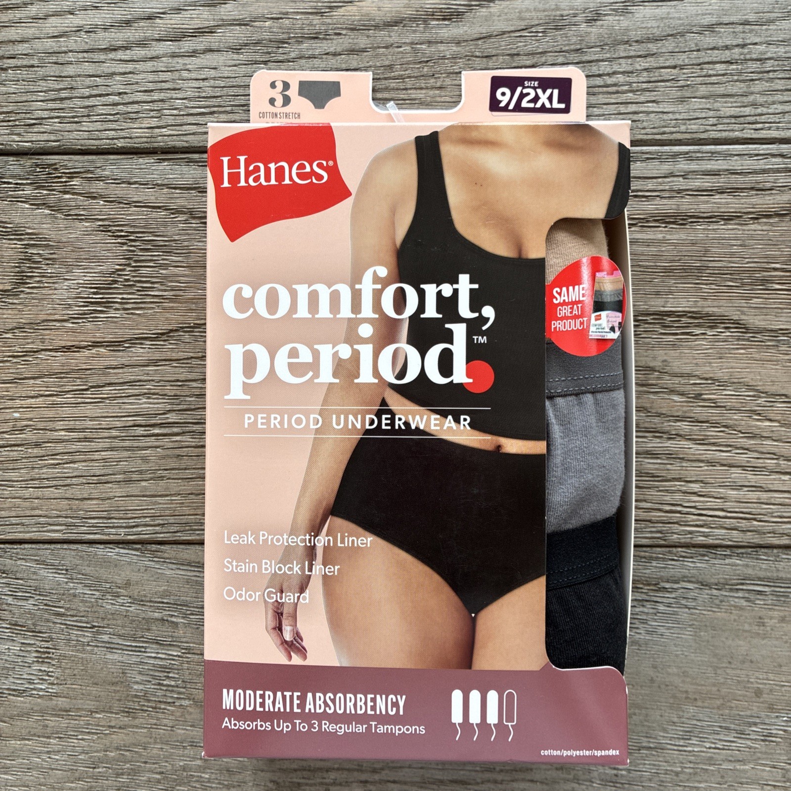 Hanes Women’s Comfort, Period Moderate Protection Briefs – Size 9/2XL – New 3 Pr