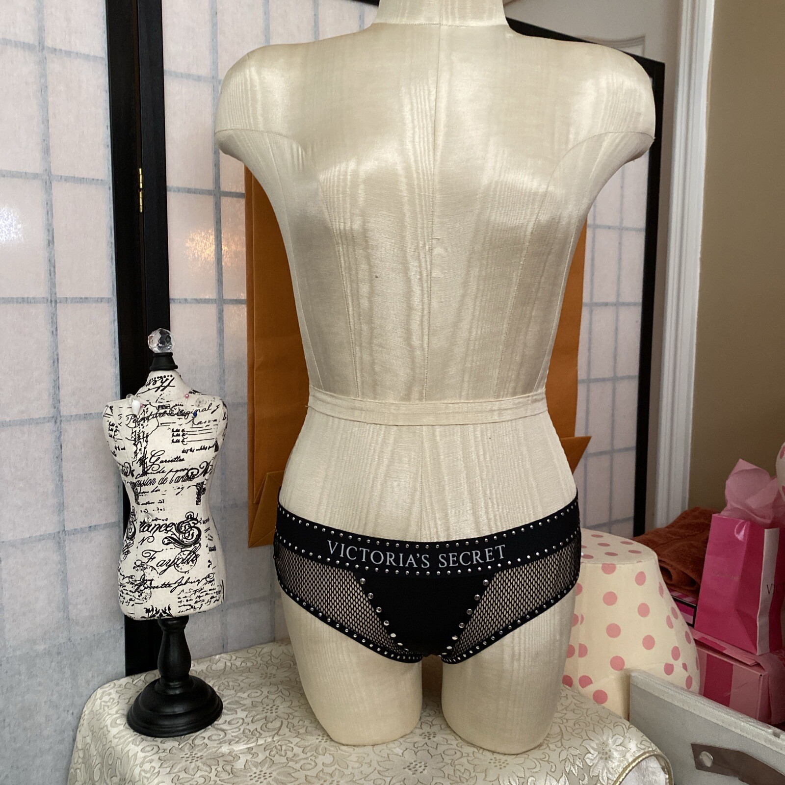 BALMAIN for Victoria’s Secret FASHION SHOW Blk Mesh Stud Rebel Hipster Panty L