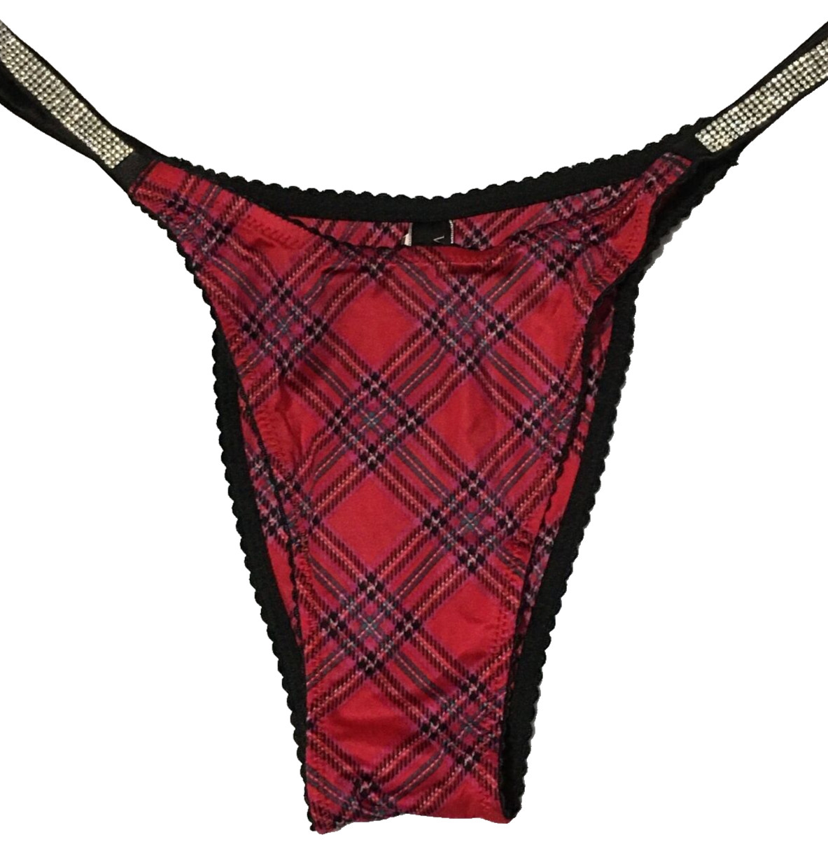 Victoria’s Secret Red Plaid Shine Strap Brazilian Panties M Rhinestones Sparkle