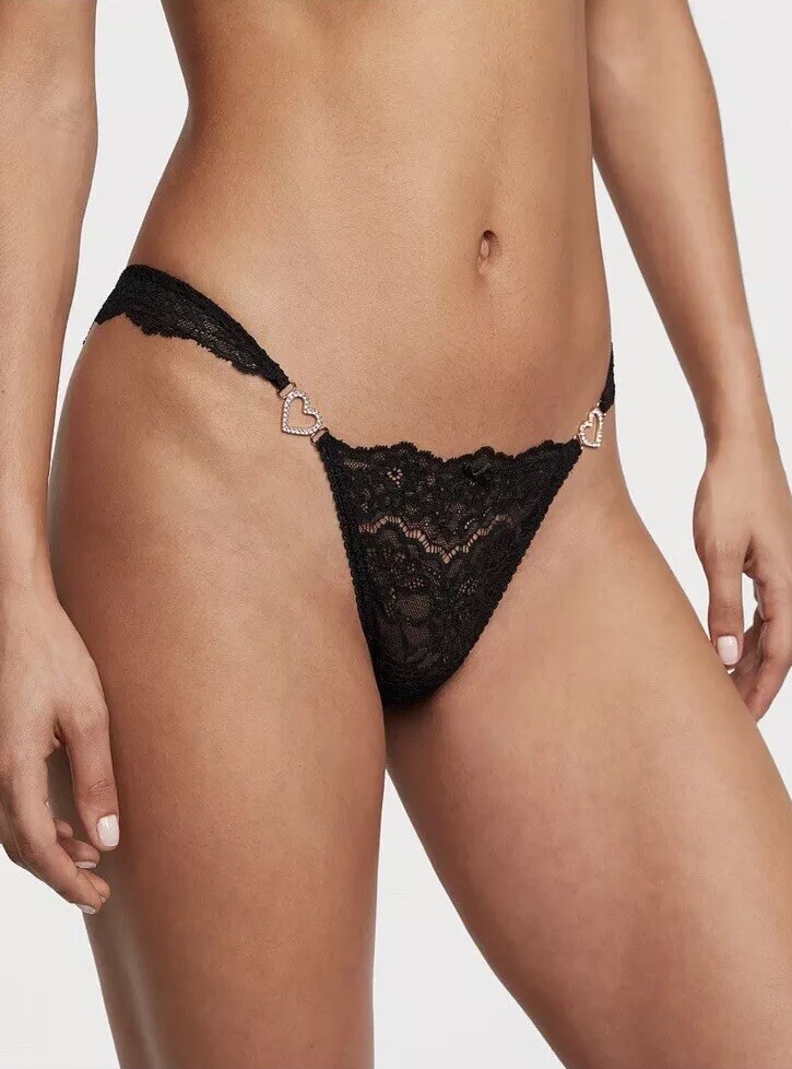 Victoria’s Secret Dream Angels Lace Brazilia Panty Black Rhinestone Heart S M