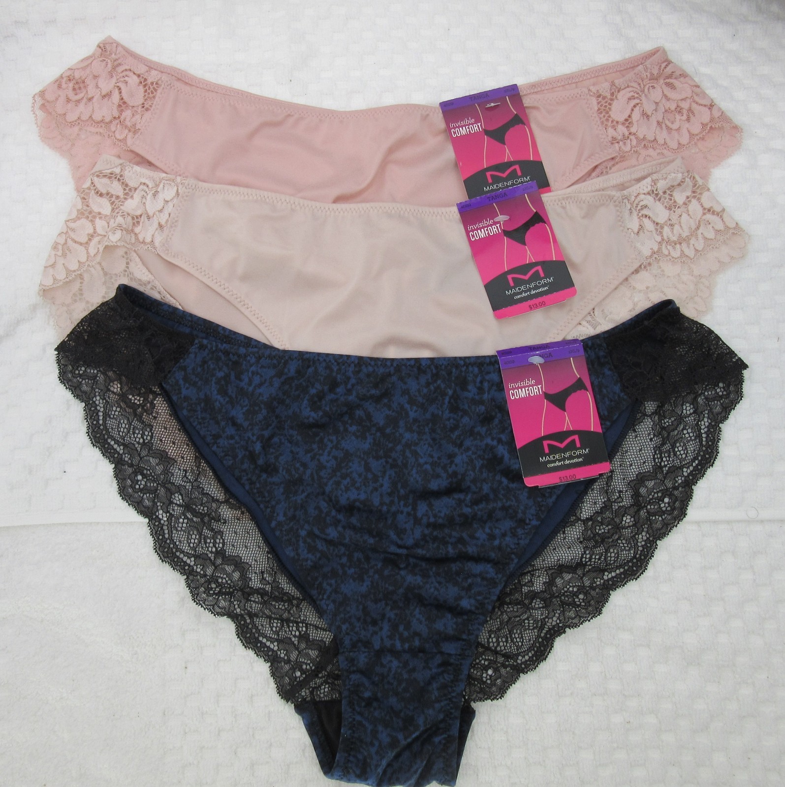 NWT set of 3 MAIDENFORM comfort devotion LACE TANGA BEIGE ROSE BLUE BLACK print