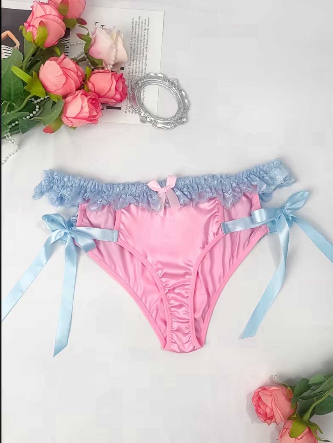 Women’s Cute Lace Shiny Fabric Gentle and Sweet Tie-Front Panties Size 1XL-18 UK