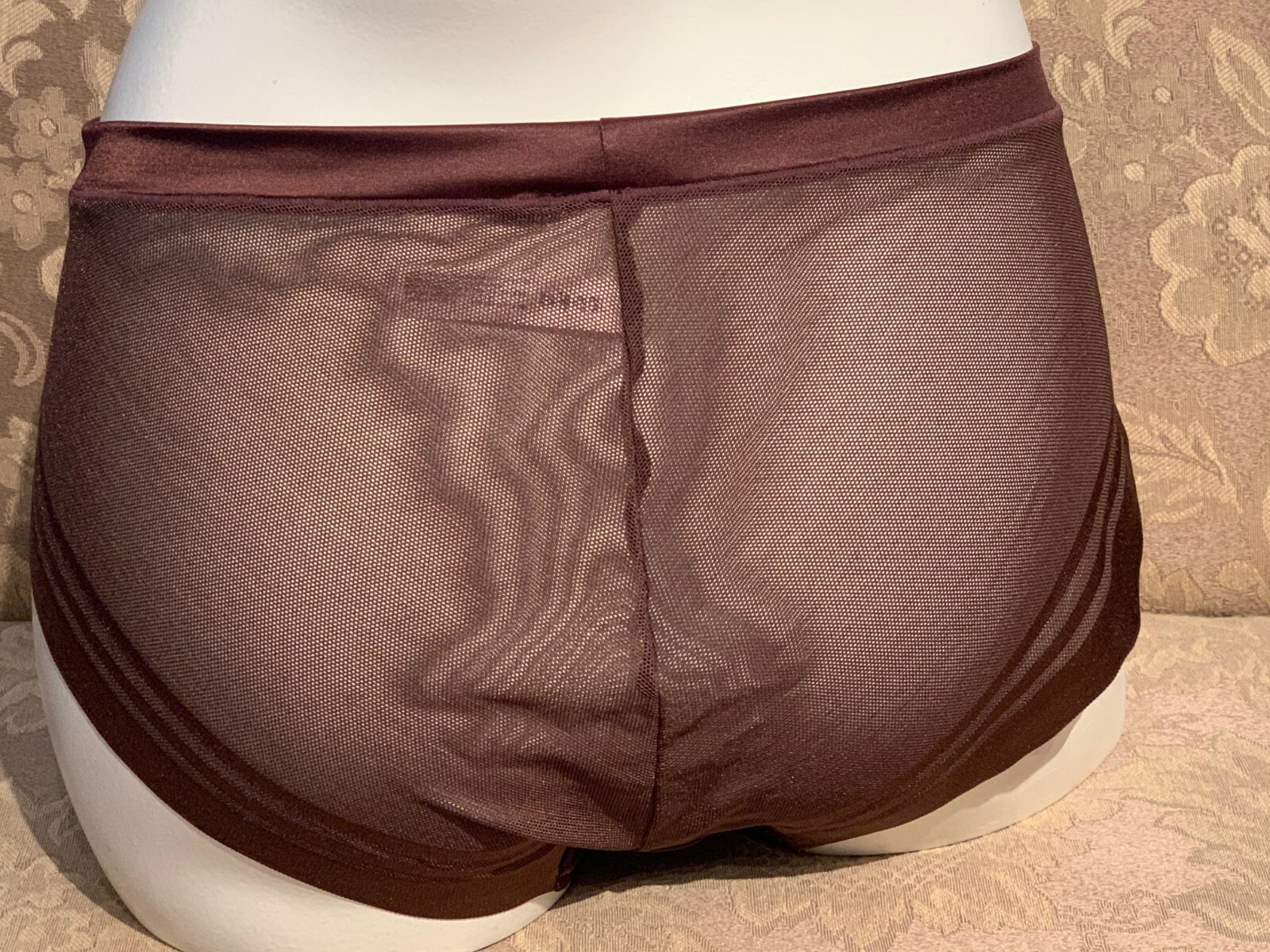 AMBRIELLE CHICKORY BROWN SATIN FRONT SHEER MESH BACK HICUT BRIEF PANTIES L 7