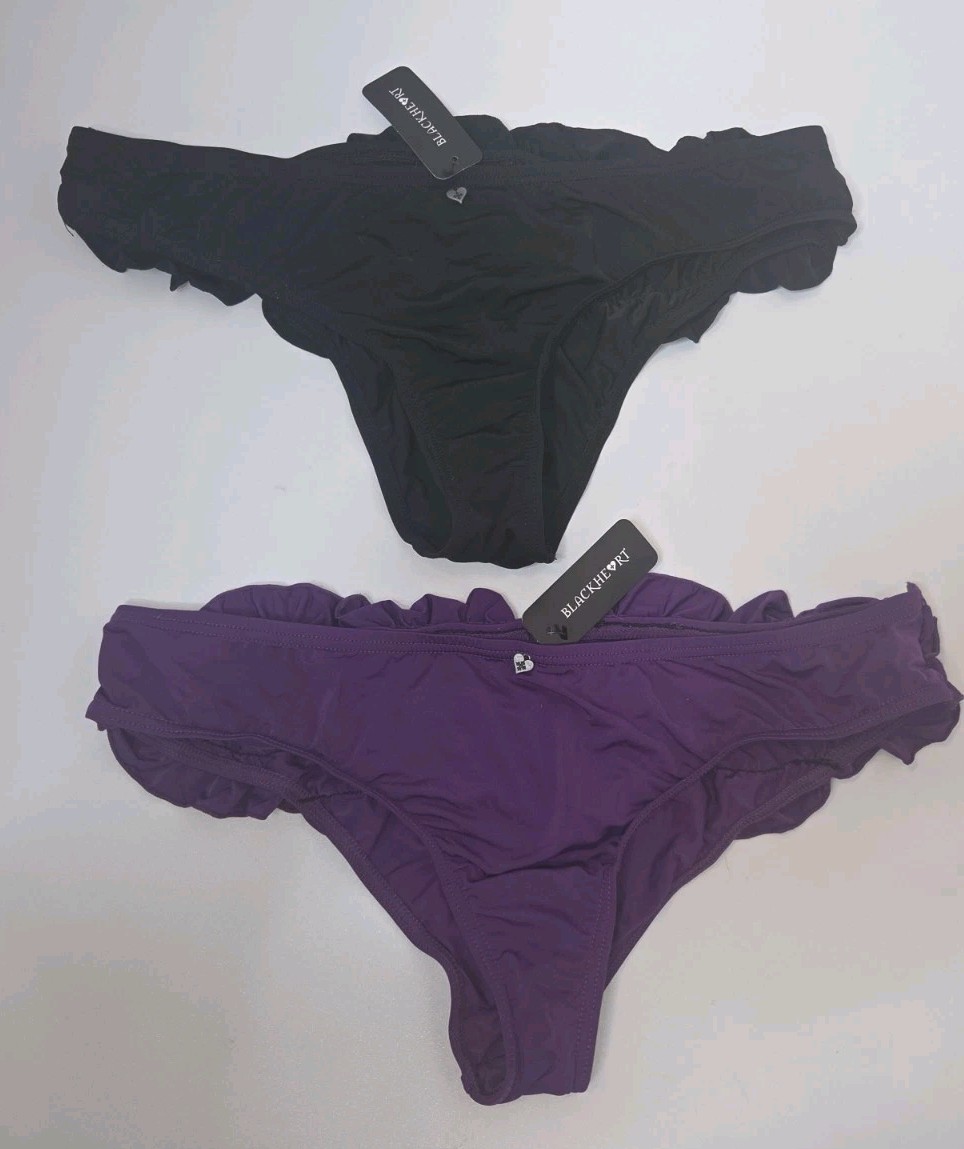 2 BLACKHEART LINGERIE Ruffle Back Brazillian Panty MEDIUM purple black HOT TOPIC