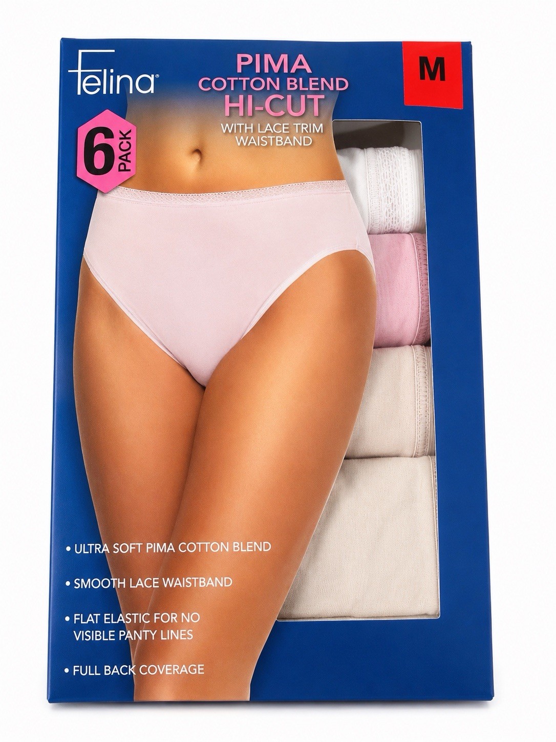 New Felina Pima Cotton Blend Hi-Cut Underwear Lace Trim Waistband 6 Pack Size M
