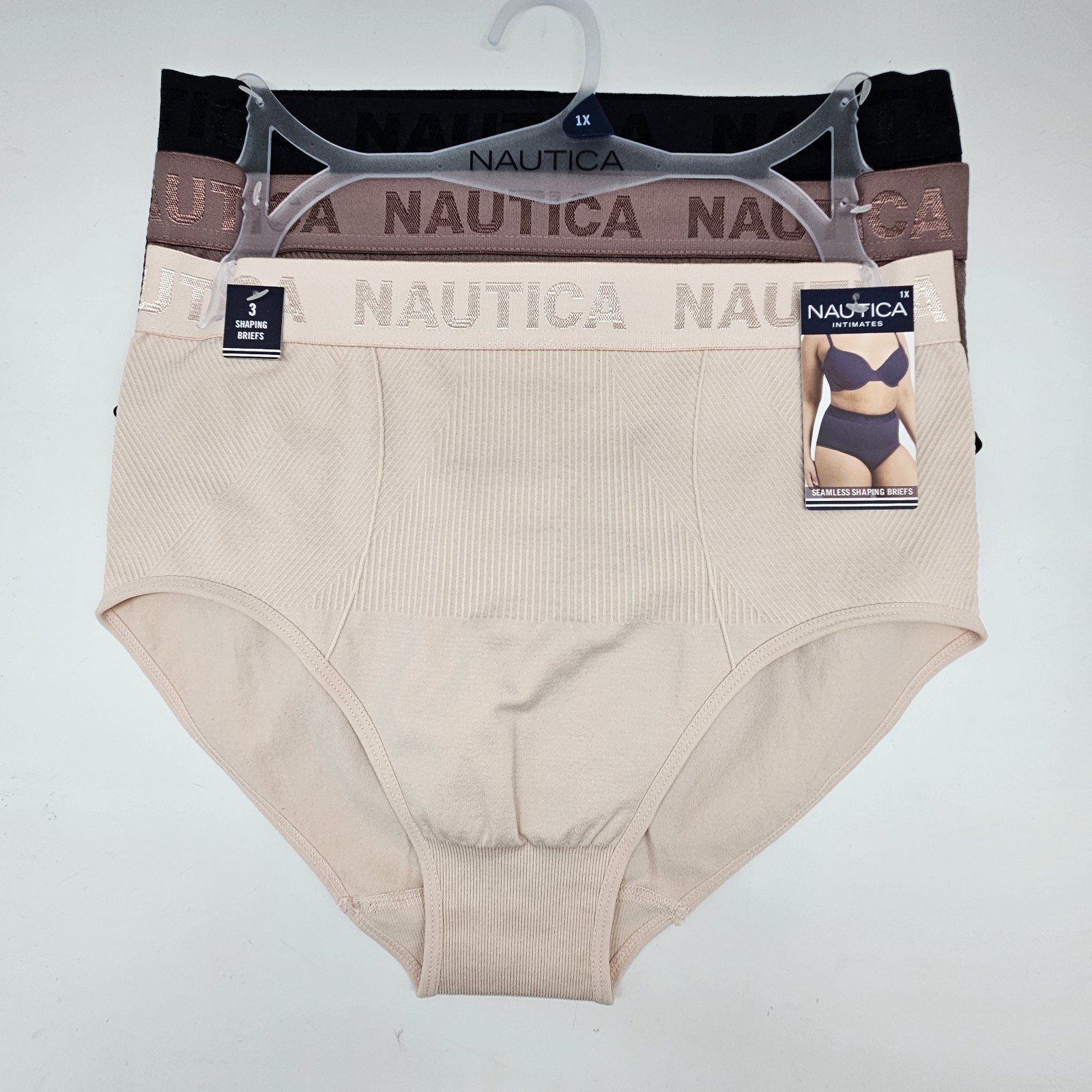 NAUTICA 3 Pack Womens Plus 1X 2X Logo Seamless Shaping Briefs Black Brown Cream