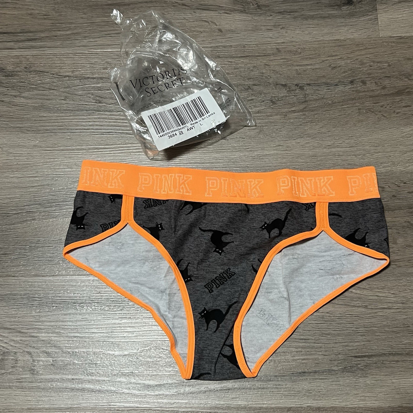 Pink Victoria Secret Large Panties Underwear Orange Black Cat Print Novelty NWOT