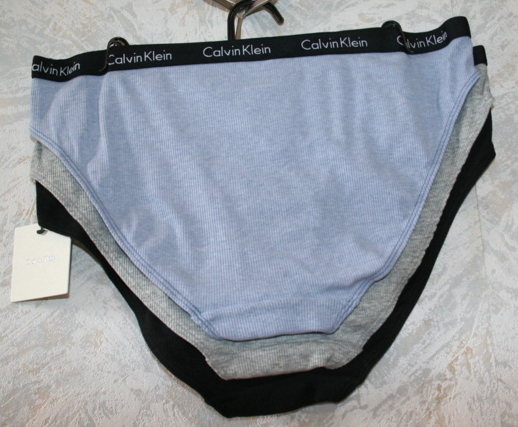 CALVIN KLEIN 3 pack bikini panties Large Black Gray Blue Solid Ribbed Cotton NWT