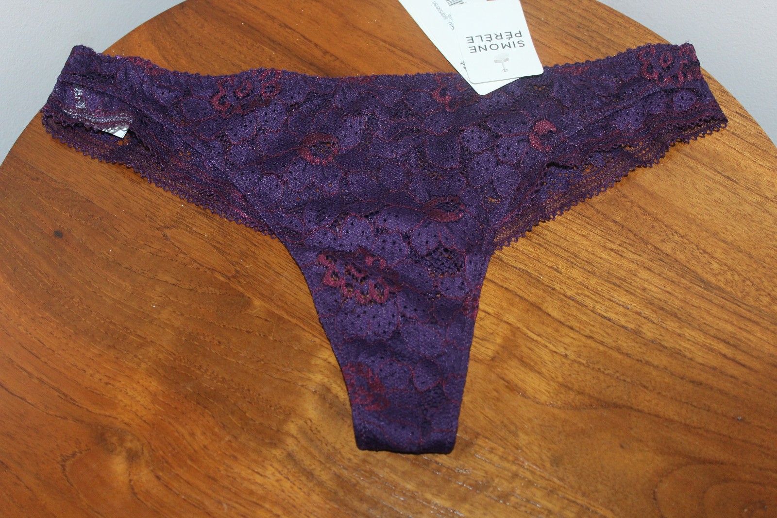 SIMON PERELE FESTIVE TANGA LACE EMBROIDERED FLORAL PURPLE BURGUNDY SIZE 3 (US M)